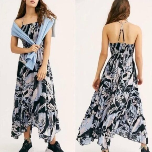 Intimately Free People Heat Wave Blue Floral Maxi Dress Spaghetti Strap Large - Picture 1 of 13